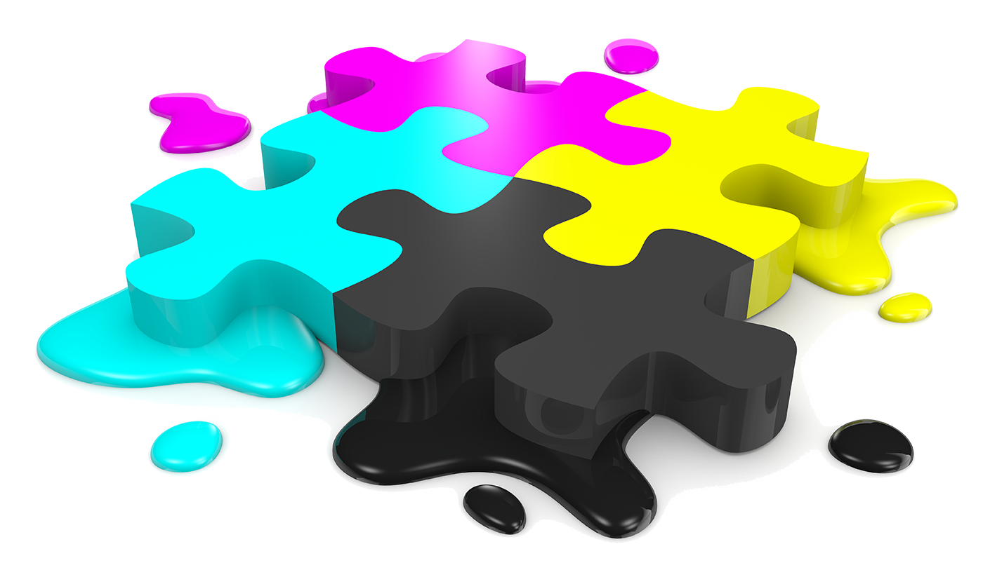 CMYK puzzle pezzi di colore combinati con macchie di inchiostro: cartucce e toner compatibili